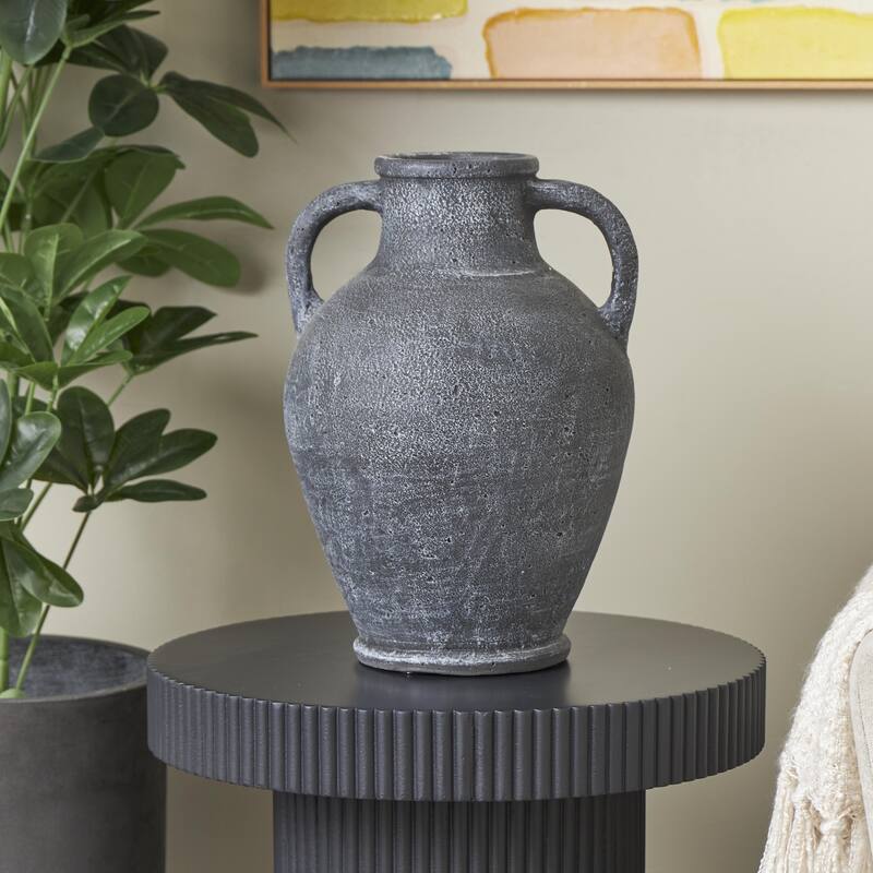 Ceramic Whitewashed Textured Amphora Decorative Vase with 2 Handles - Black - Roche River Decor