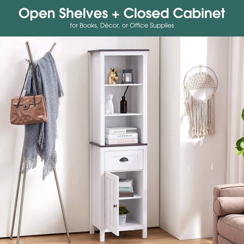 ivinta Tall Bookshelf with Storage, 5-Tier Modern Bookcase with Drawer, Door and Adjustable Shelf