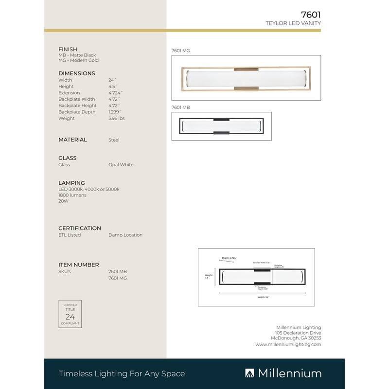 Millennium Lighting Teylor LED Bathroom Vanity Lighting Fixture