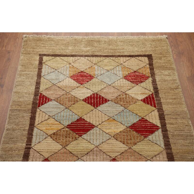 Hand Knotted Oriental 100% Wool Carpet Tribal Geometric Brown Gabbeh (kashkoli) Runner Rug - 10' 9'' X 2' 8''