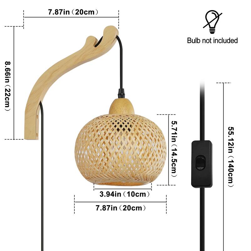 Modern Farmhouse Wicker Plug in Bamboo Wall Sconce with Switch-Lantern Basket Rattan Lampshade