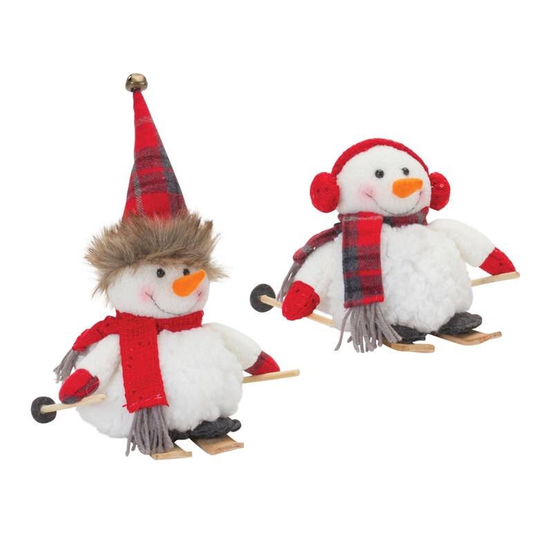 Snowman on Skis (Set of 2) 6"H, 11"H Polyester - White, Red - White, Red