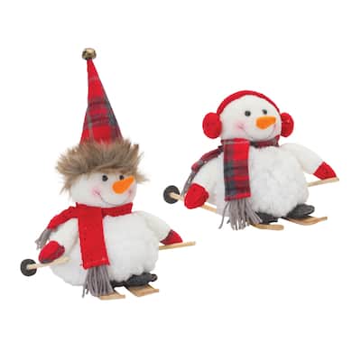 Snowman on Skis (Set of 2) 6"H, 11"H Polyester - White, Red