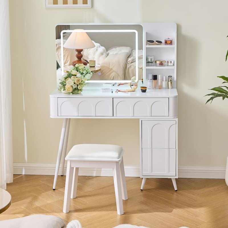 Makeup Vanity Desk with LED Lights Mirror and Stool - White