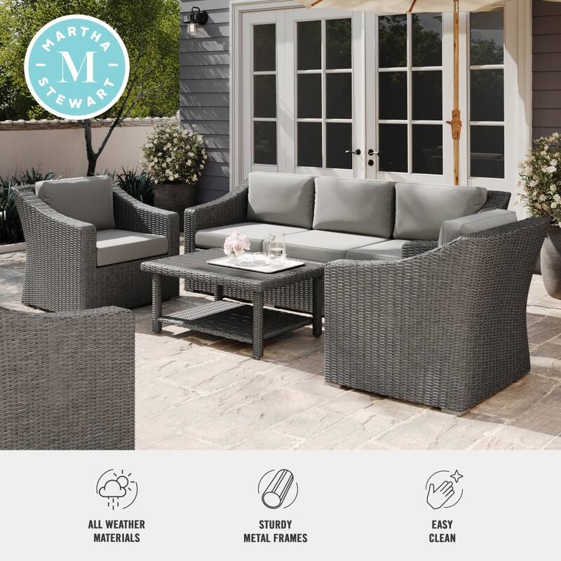 Martha Stewart 4pc Outdoor Rattan Wicker Patio Conversation Set with All-Weather Cushions - 33"W x 32"D x 29.5"H