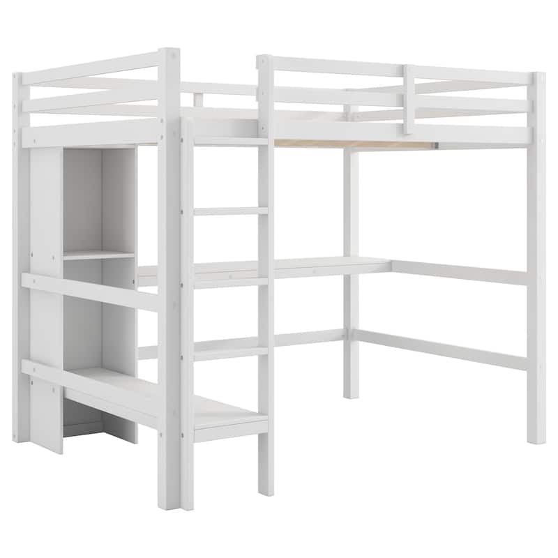 Full Size Loft Bed with Multifunction Shelves and Under-Bed Desk, Modern & Rustic Wooden Loft Bed Frame with High Guardrails