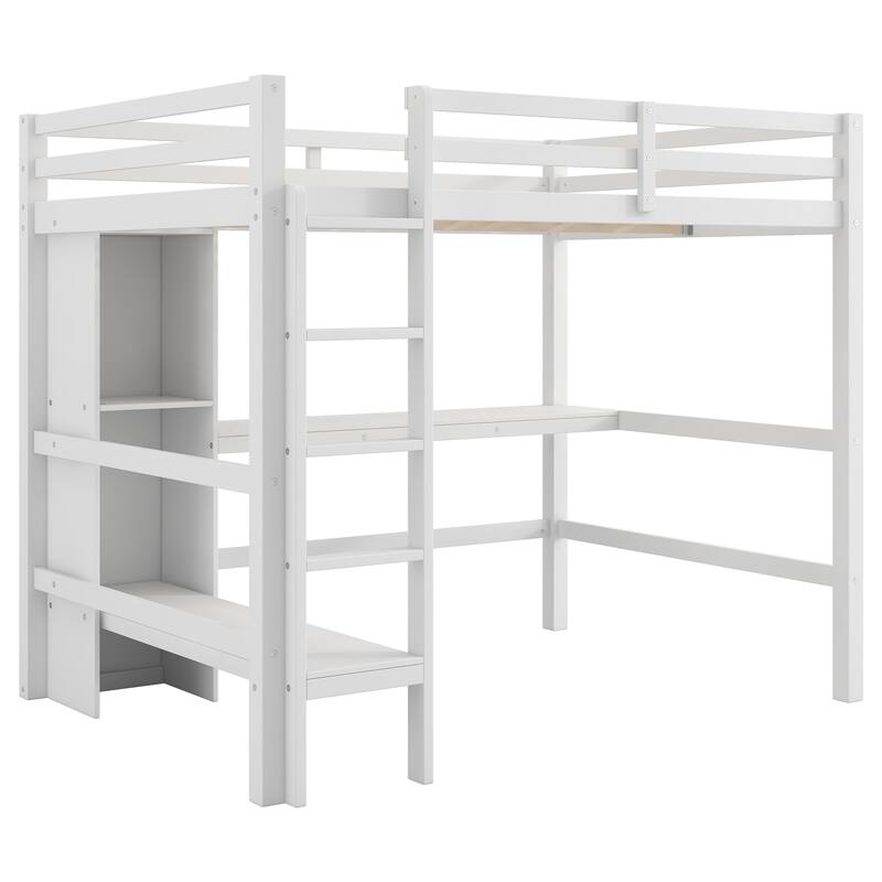 Wood Loft Bed for Bedroom with Multifunction Shelves, Guardrail and Built-in Desk, Full Size Wood Bed Frame No Box Spring Needed