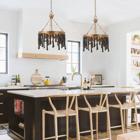 Coasa Boho 3-light Handcrafted Wood Beads Chandelier Black Gold Entryway Ceiling Lights for Dining Room - D17'' x H84''