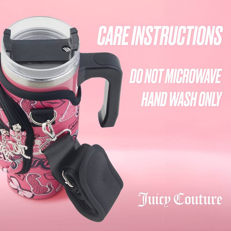 Juicy Couture Jetsetter Hydration Stainless Steel Tumbler with Handle, Straw & Topper with Neoprene Crossbody Pouch