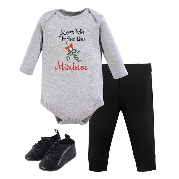slide 1 of 1, Little Treasure Baby Boy Cotton Bodysuit, Pant and Shoe 3pc Set, Mistletoe 0-3 Months - Mistletoe