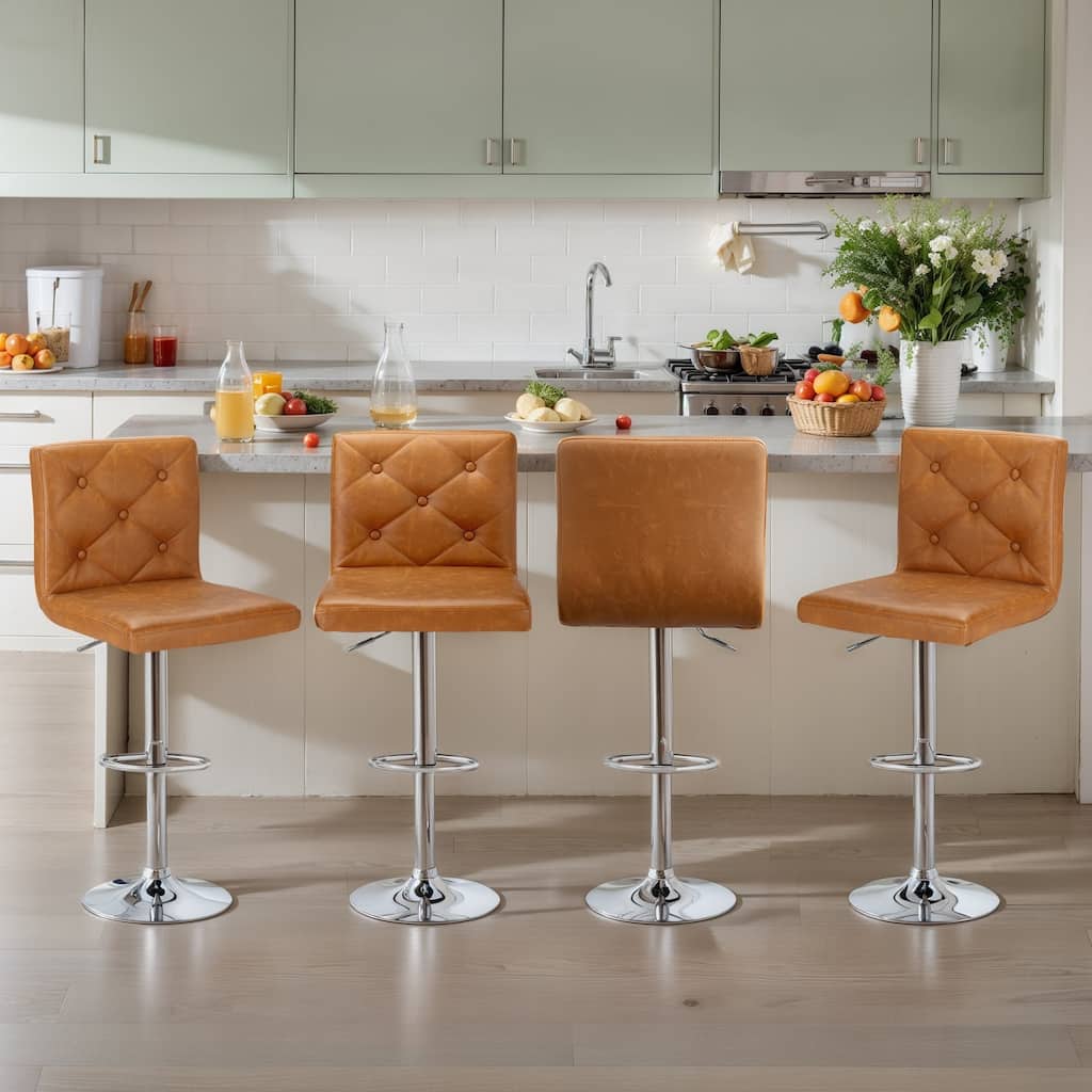 Javlergo 4 Pack 360° Swivel Bar Stools Adjustable PU Leather Stools with Diamond Tufted Back Curved Footrest