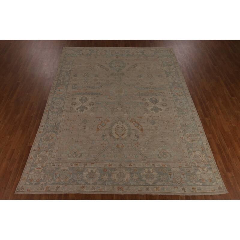 Beige Floral Oushak Turkish Area Rug Hand-Knotted Wool Carpet - 9'0"x 11'9"