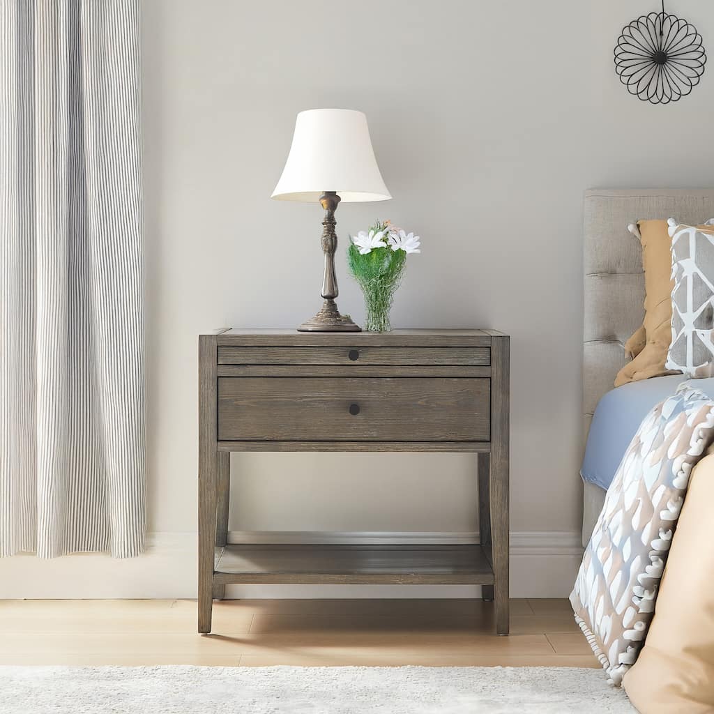 1-Drawer Nightstand in Weathered Gray with Pull-Out Tray and Open Shelf