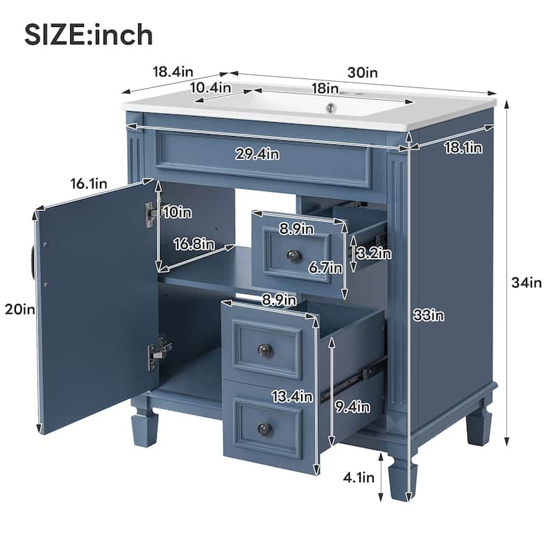 GDF Studio - Belcourt Modern Bathroom Vanity with Ceramic Sink, 2 Storage Drawers and Adjustable Shelf