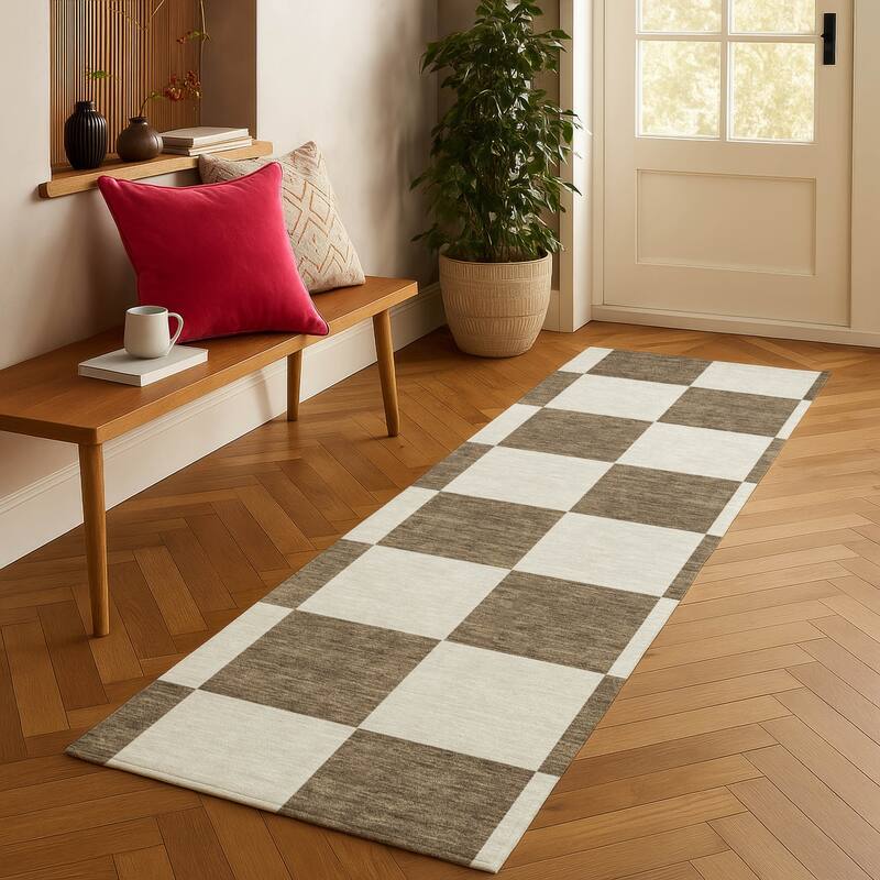 Machine Washable Indoor/ Outdoor Modern Checker Chantille Rug