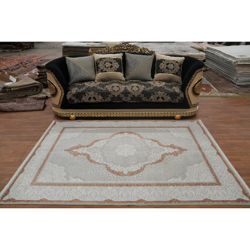 Machine Made Oriental Polyester Carpet Traditional Floral Greys & Charcoal Tabriz Area Rug - 7' 5'' X 5' 2''