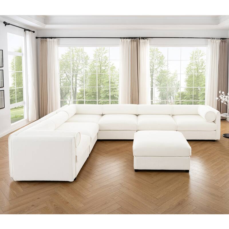 Modern 7-Piece Modular Sofa with Storage Armrests 6 Seats & 1 Storage Ottoman