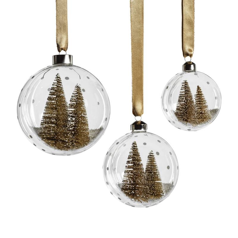 Clear Glass 4" Ball Ornaments w/ Gold Pine Trees, Set of 6