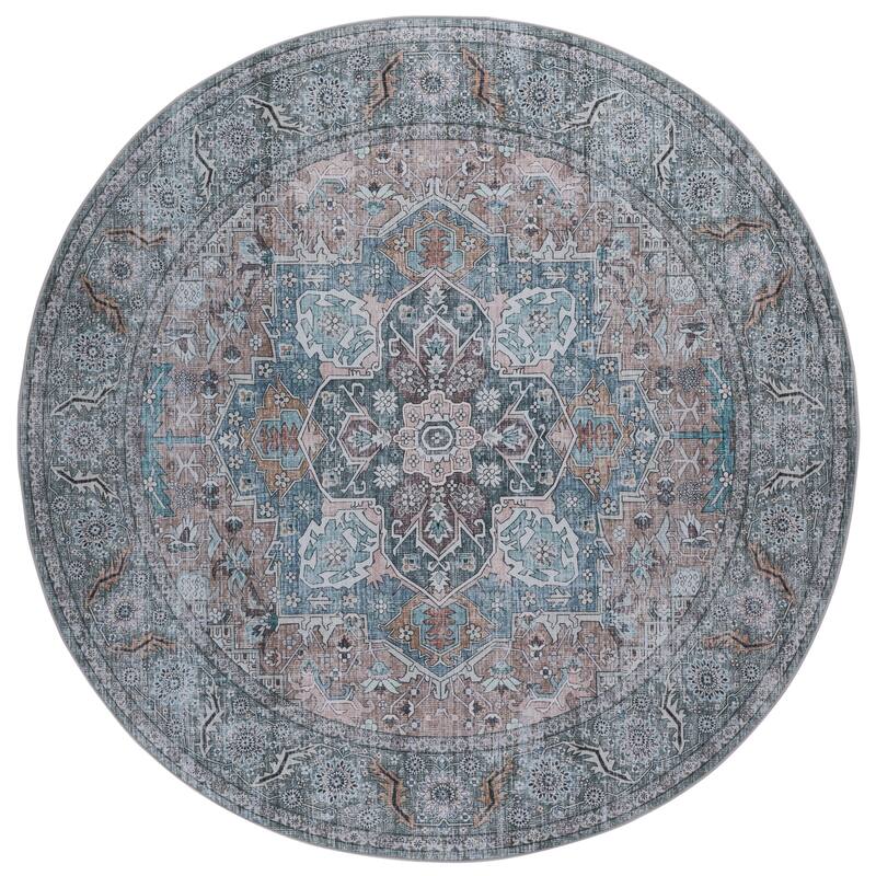 SAFAVIEH Tucson Vili Machine Washable & Slip Resistant Rug - 6' Round - Copper/Green