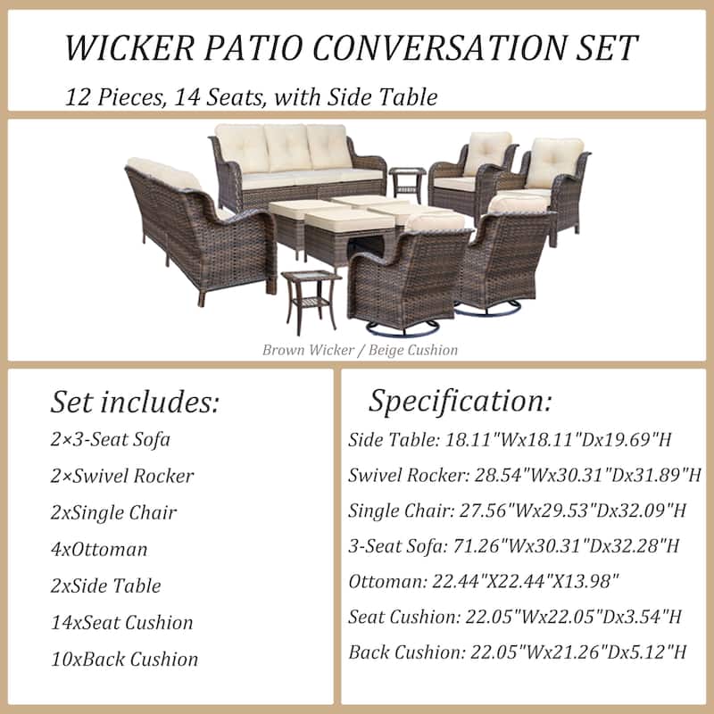 12 Piece Outdoor Rattan Patio Conversation Sofa Sets with Swivel Chair
