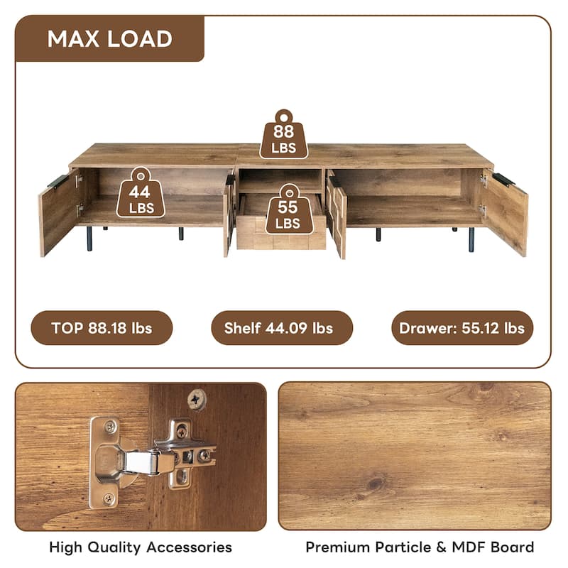78" TV Stand for 85 Inch TVs, Mid Century Media Console with Checkered Doors, Drawer, Open Shelf, Wood Entertainment Unit
