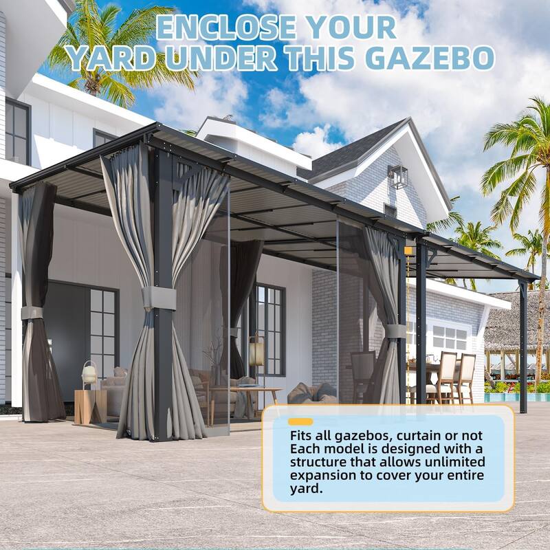 AECOJOY Gazebo for Patio, Small Wall-Mounted Lean to Pergola 8x8 Gazebo with Curtains and Netting, Hard Top Gazebo on Clearance