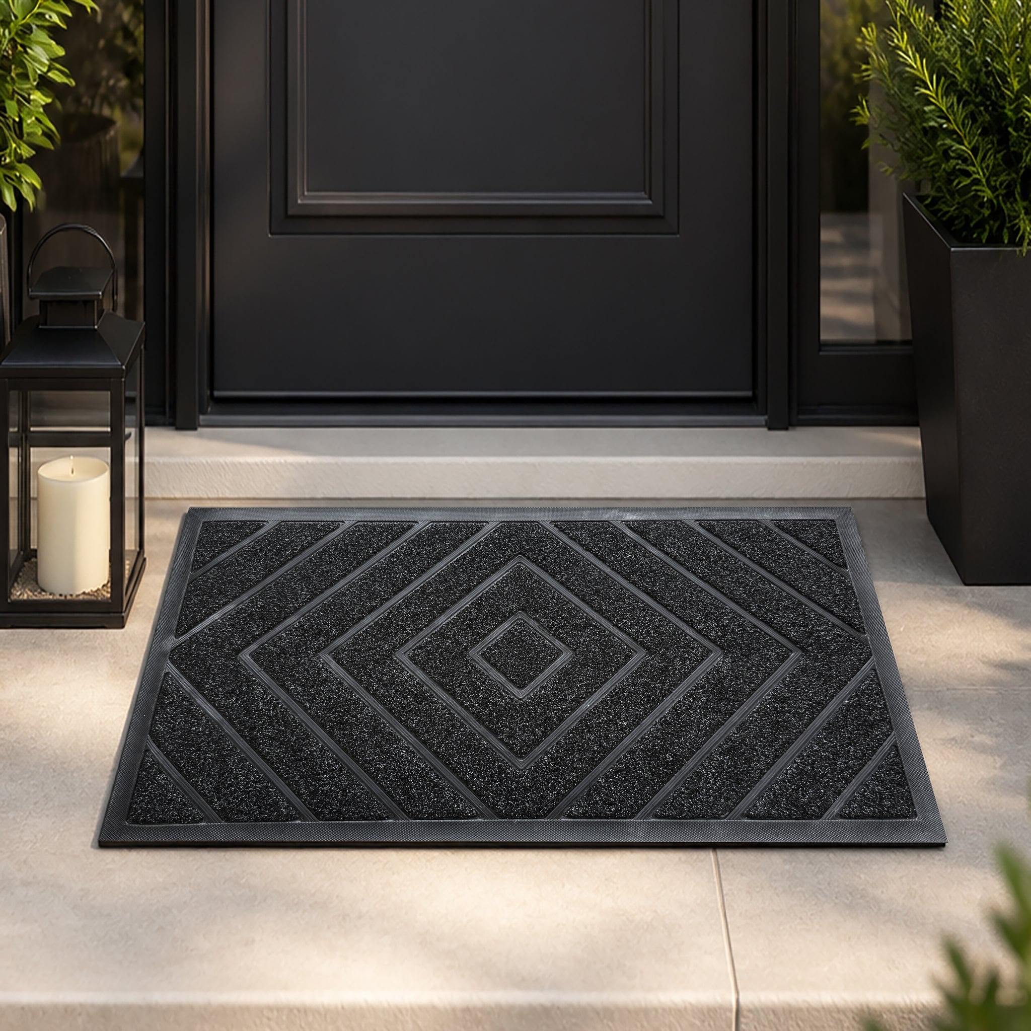 Black Geometric All-Season Sturdy Absorbent Non-Slip Rubber Backing Multipurpose Door Mat