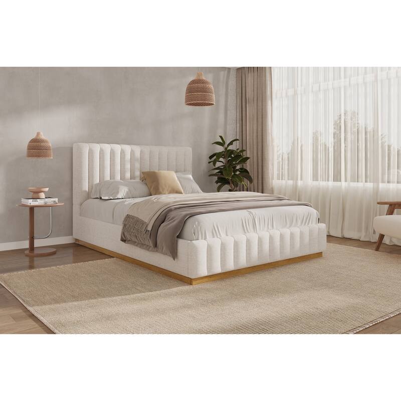 Upholstered Bed Frame Linen Fabric Platform Bed with 46''H Thick Headboard/Solid Wood Base/No Box Spring Needed/Noise Free/Beige