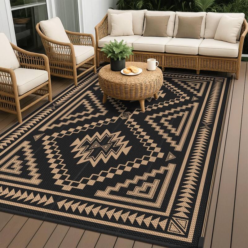 Mcow Geo Harmony Reversible Woven Waterproof Outdoor Area Rug - 5' x 8' - 5' x 8' - Black/Brown - Rectangle