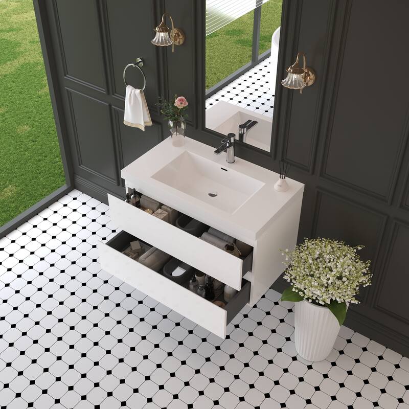 Modern Wall-Mounted Bathroom Vanity with White Solid Surface Top