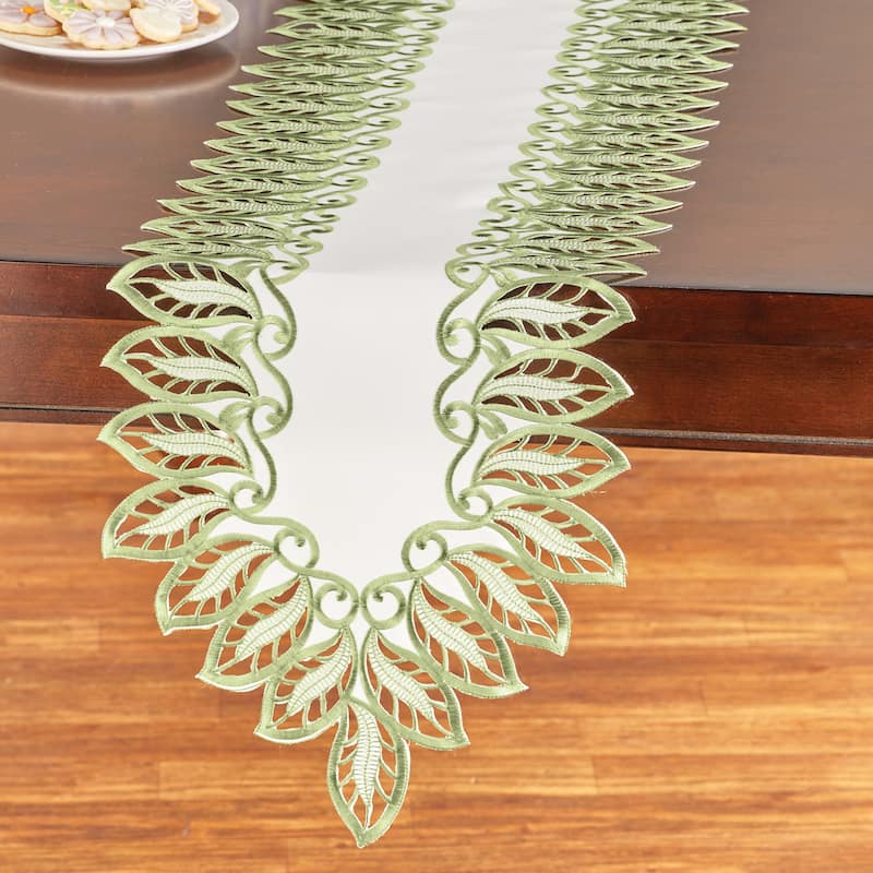 Embroidered Dainty Leaf Border Table Linens - Sage - Runner