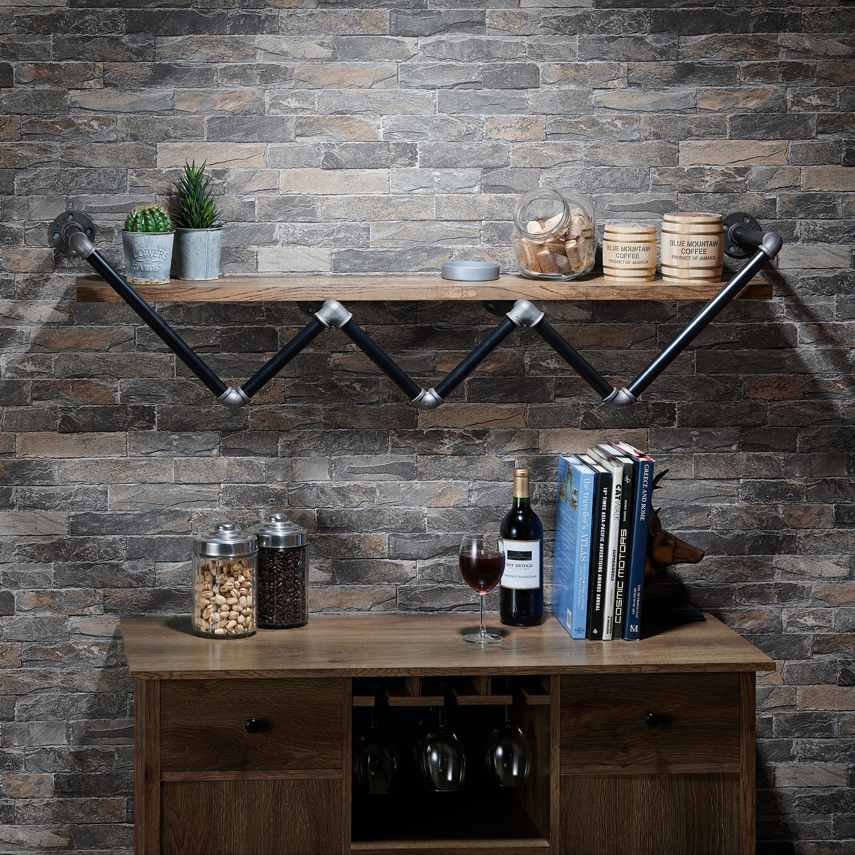 Shop Vittorio Reclaimed Oak Industrial Pipe Wall Shelf Overstock 31319943