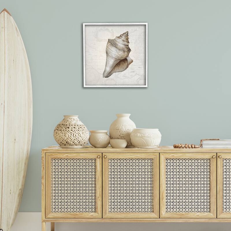 Stupell Conch Shell over Vintage Map Framed Giclee Art Design By Conrad Knutsen