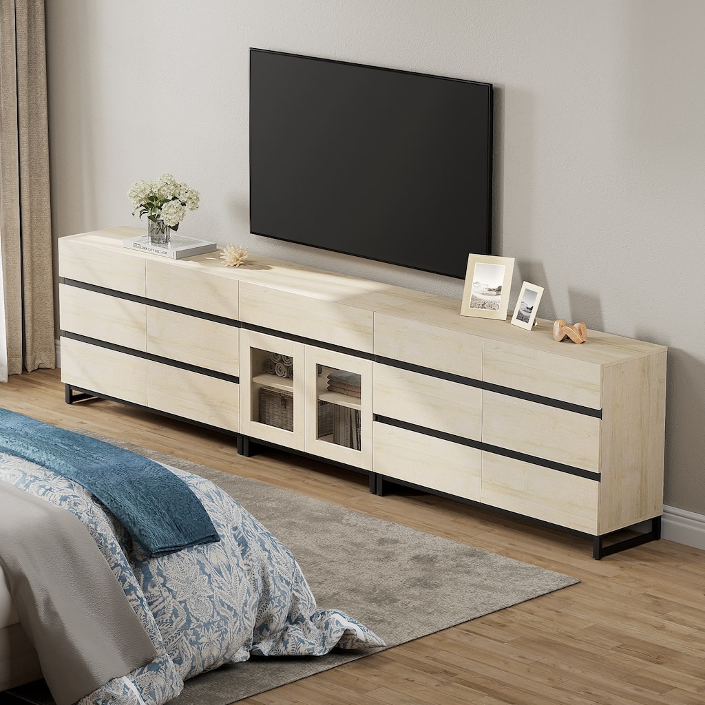 3 in 1 TV Stand for TVs up to 120 inches, Modern TV Console with Glass Doors and 13 Drawers for Living Room