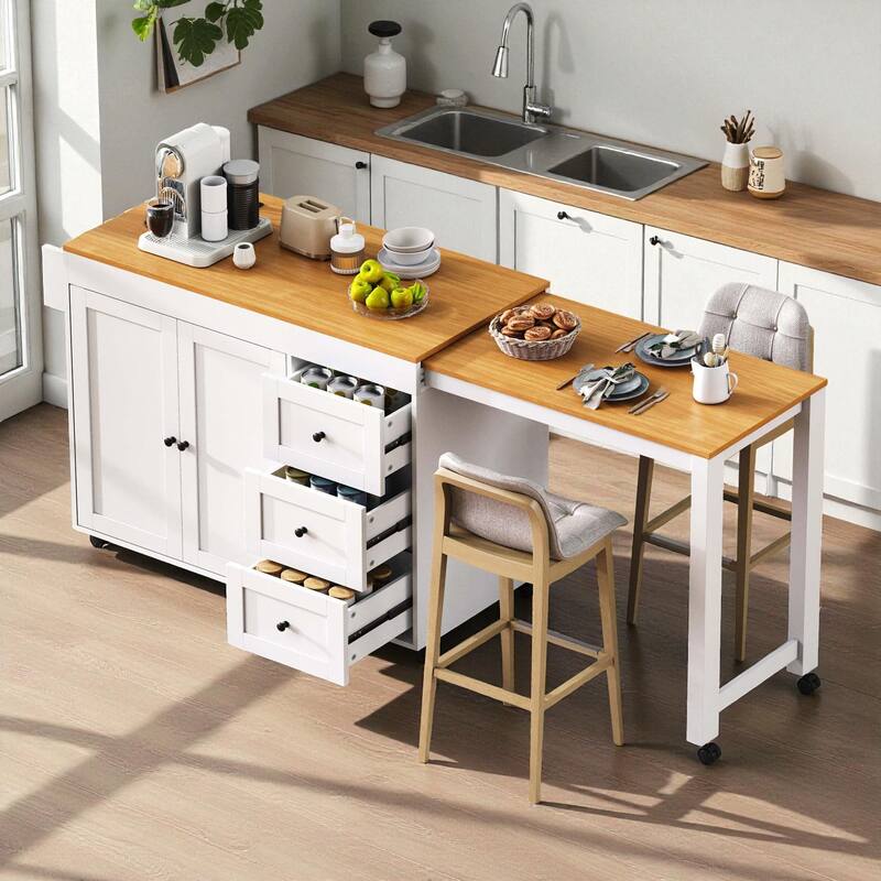 Kitchen Island with Extendable Dining Table, Power Outlet, Rolling Storage Cart with 3 Drawers, 2-Door Cabinet, and Spice Rack