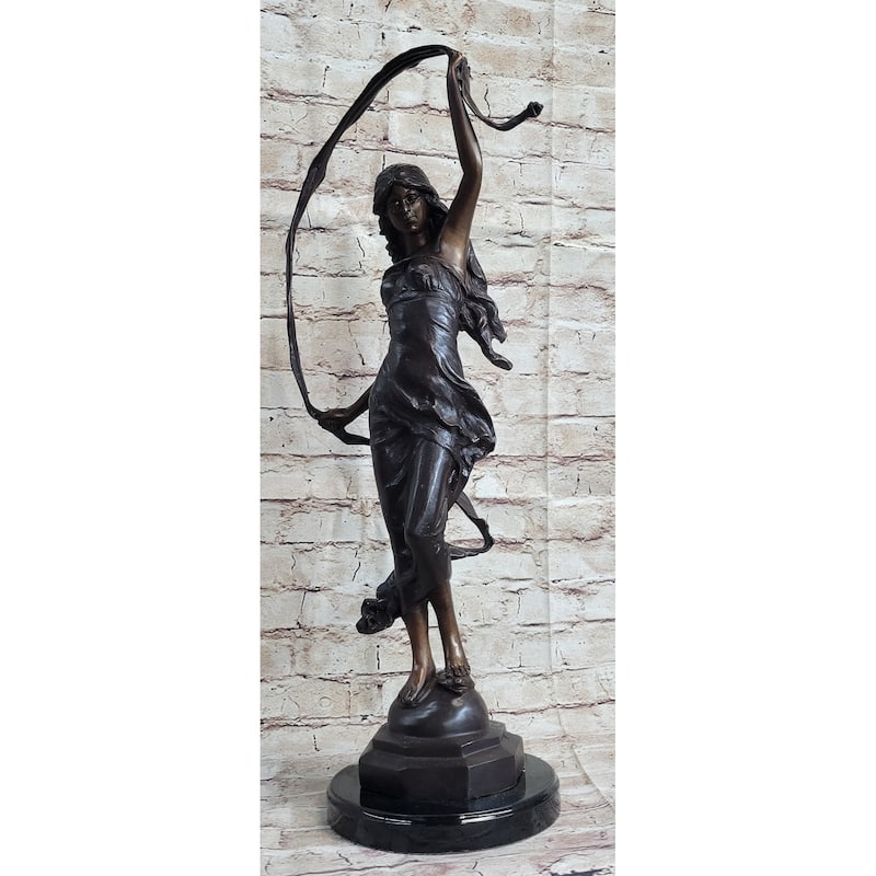 Signed Moreau Beauty Ribbon Dancer Bronze Sculpture Marble Base Statue Figurine