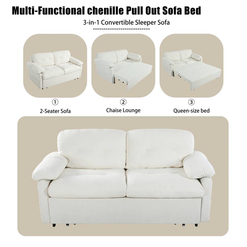 Multi-Functional Chenille Loveseat Sofa Convertible Pull Out Queen Size Sofa Bed with Thickened Cushions and Side Pockets