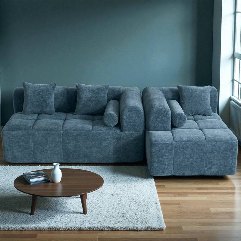 101.2" Modular Sectional Sofa Full-Foam Compressed Couch with Deep Seating Side Pockets Square & Bolster Pillows