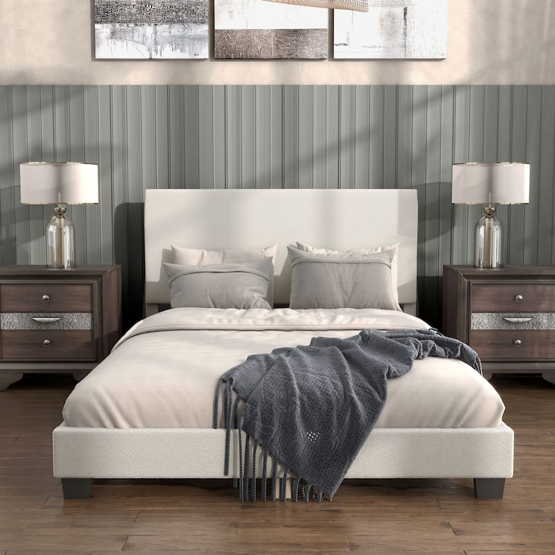 Furniture of America Gail Modern White Boucle Adjustable Queen-Size Platform Bed - Standard Headboard with Block Legs