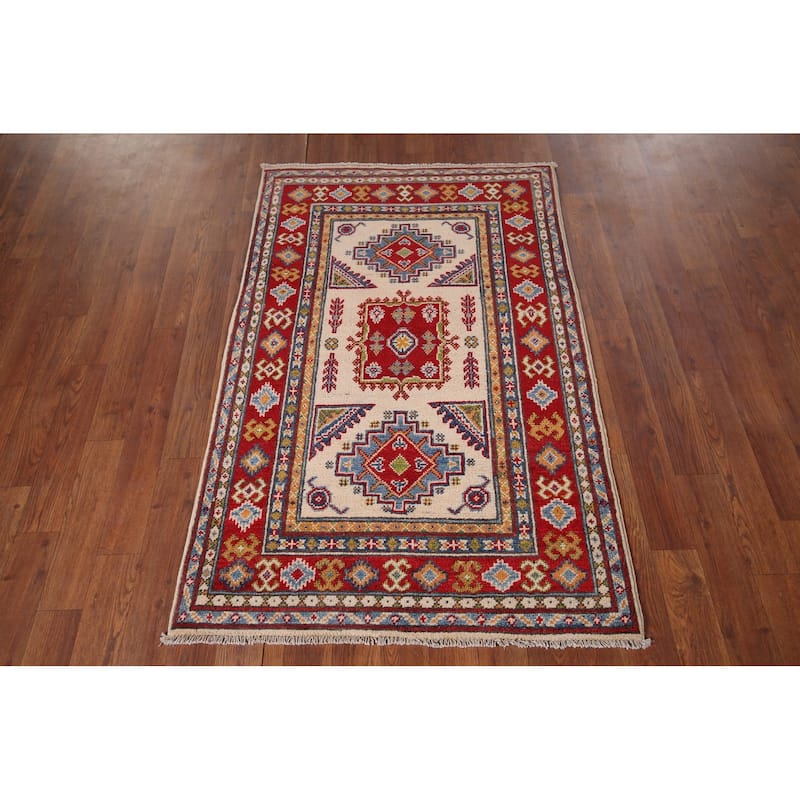 Geometric Kazak Oriental Foyer Rug Hand-Knotted Beige Wool Carpet - 2'9" x 4'3"