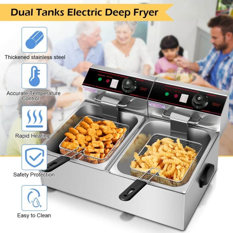 Double Electric Fryer 12.8QT Stainless Steel Dual Tank Commercial Home Use - 23.5" x 17" x 11.5"
