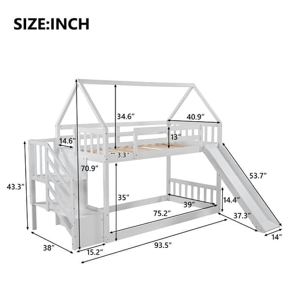 Twin Over Twin House Low Bunk Bed with Slide and Storage Staircase ...