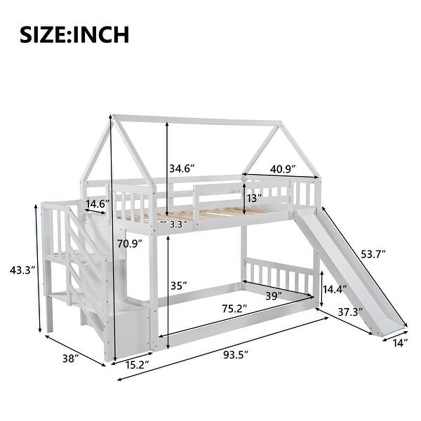dimension image slide 2 of 3, Wooden Modern Twin over Twin House Bunk Bed with Slide and Storage Staircase, Featuring a pitched roof and wall section.