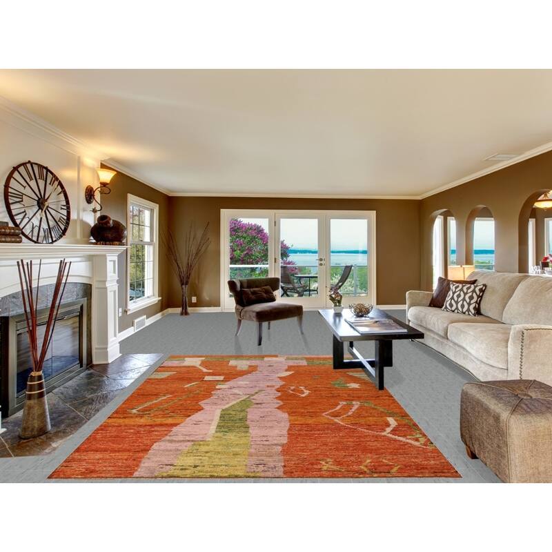 Orange Moroccan Area Rug Hand-Knotted Oriental Wool Carpet - 6'7" x 9'9"