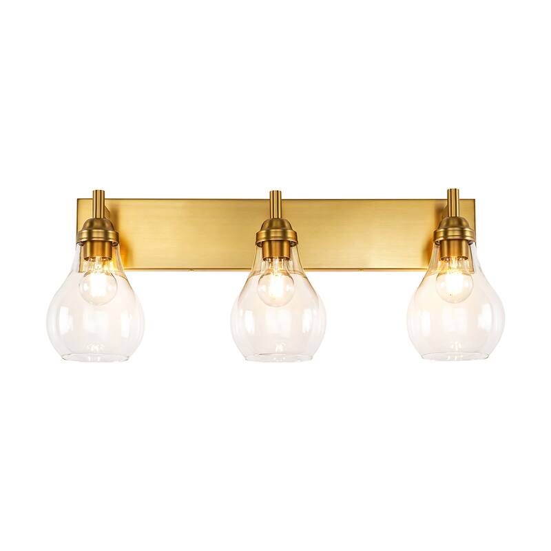 3-Light Industrial Brushed Gold Vanity Light with Clear Gourd Glass Shades - 27.56 in. W x 10.63 in. H x 6.69 in. D
