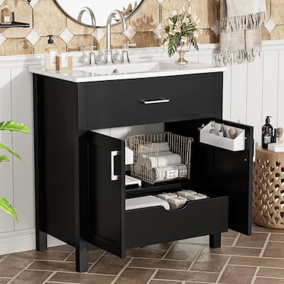 Compact 30-Inch Bathroom Vanity with Ceramic Sink, Premium Wood Frame & Soft-Close Doors