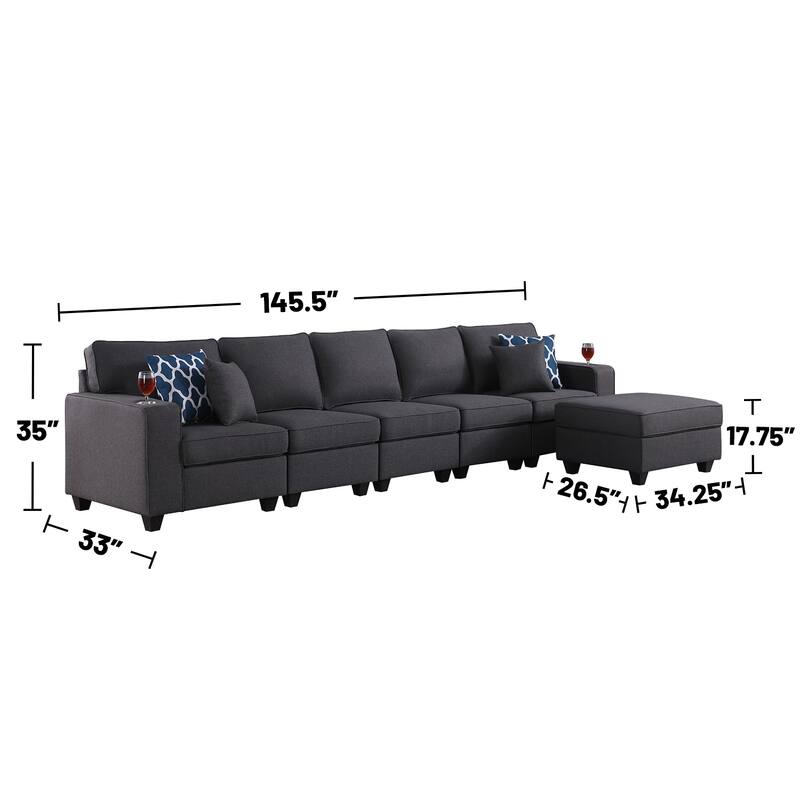 Linen Upholstered 5-Seater Sofa with Ottoman in Dark Gray