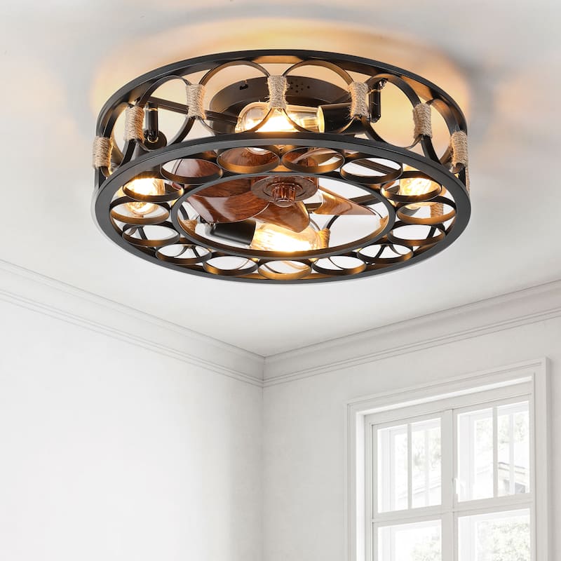 Caged Ceiling Fan with Lights Remote Control,Low Profile Flush Mount Ceiling fans,6 Speeds Reversible Blades,5 LED Bulbs Include - Black