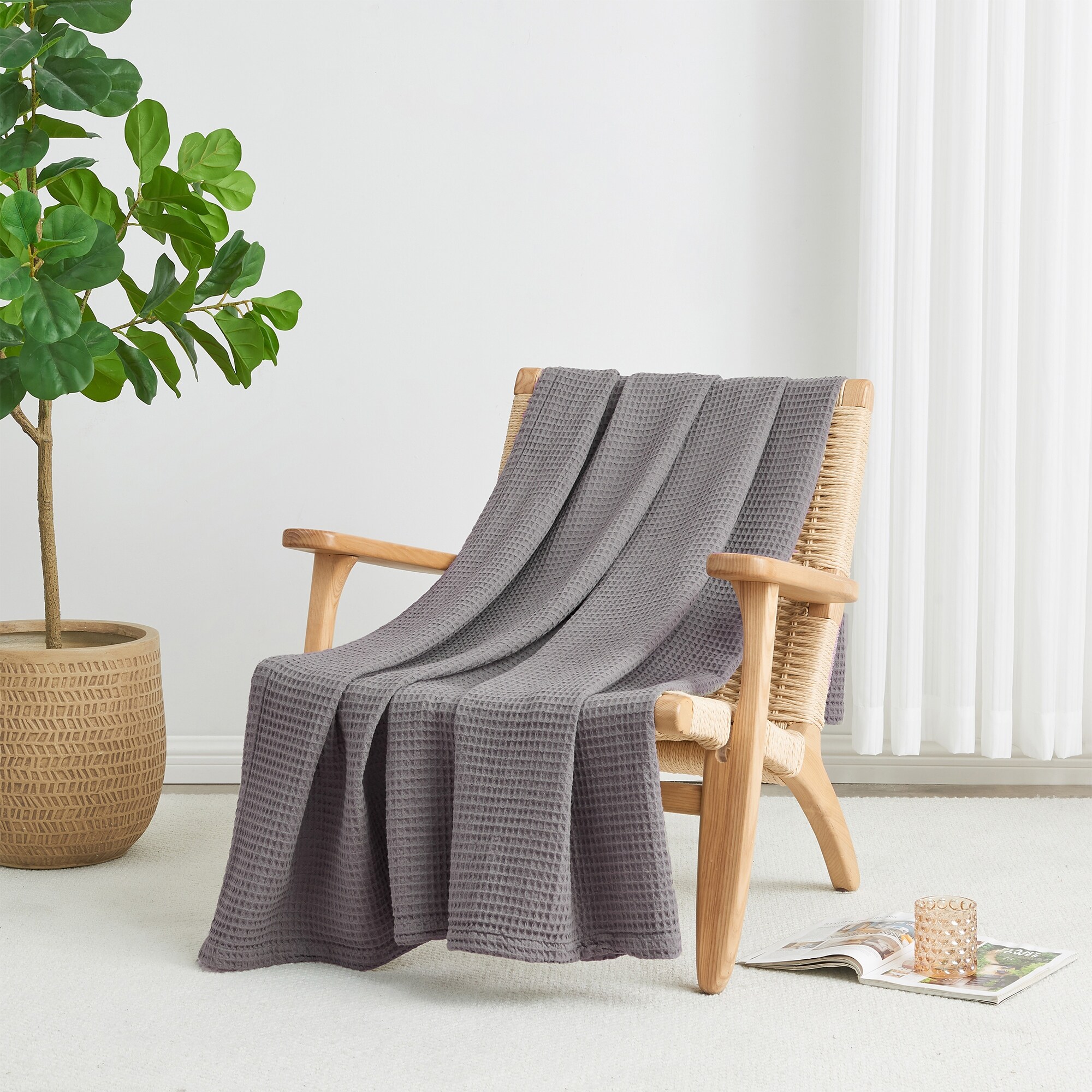Linery Co. 100 Cotton All Season Lightweight Waffle Weave Knit Throw Blanket 50 x 60 Throw Dark Grey