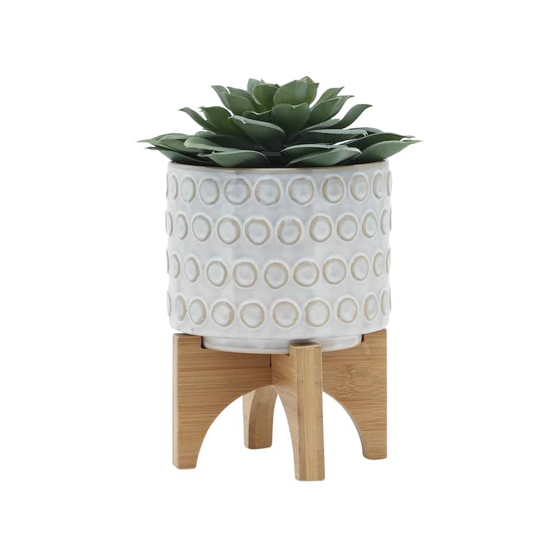 Sagebrook Home Ceramic Planters: Elevate Your Greenery with Stylish Bamboo Wood Stands - Perfect Home Decor Accessory